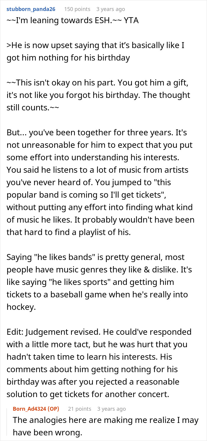 Screenshot of online discussion about a woman buying concert tickets for boyfriend&rsquo;s birthday and his reaction causing emotional upset.