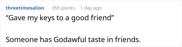 Screenshot of a social media comment about a man discovering his friend&rsquo;s girlfriend living in his house and calling the police.