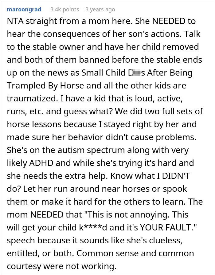 A Reddit post discussing a disruptive kid and his toxic mom at a stable, where the child nearly hurt himself.