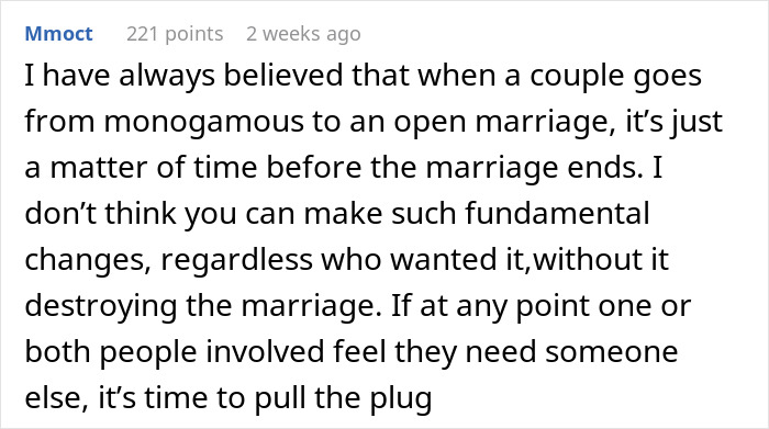 Comment discussing challenges a woman faces rediscovering herself after husband proposes open marriage, refusing closure. Comment discussing challenges a woman faces rediscovering herself after husband proposes open marriage, refusing closure.