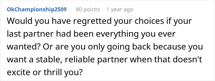 Screenshot of an online comment discussing regret and lessons learned by a cheater chasing a fantasy relationship.