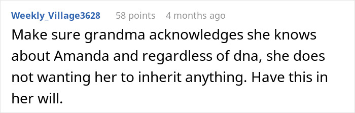 Comment discussing a confusing and wild family dynamic involving DNA tests and disputes over inheritance and child support.