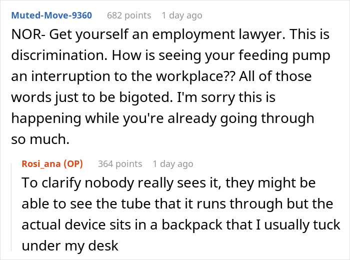 Reddit comments discussing discrimination against a woman who relies on a feeding tube.