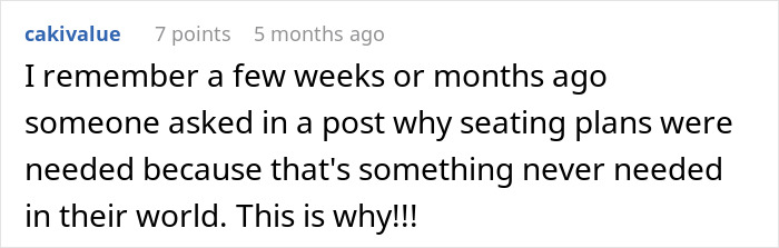 A Reddit comment discussing why seating plans are needed, relating to entitlement at a main wedding table incident.