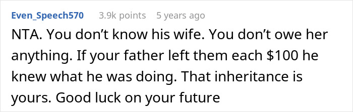 Comment defending daughter&rsquo;s right to inheritance from estranged dad, rejecting stepmom&rsquo;s demand to share equally.