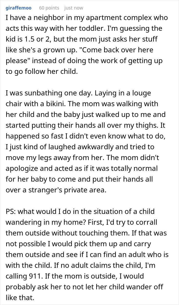 Text post describing a neighbor&rsquo;s toddler escaping home and wandering into a stranger&rsquo;s house, sparking concern.