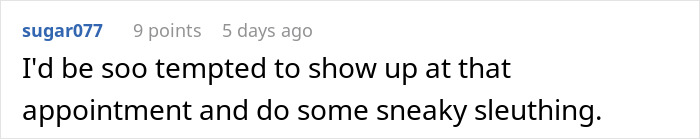 A Reddit comment by user sugar077 expresses temptation to secretly investigate a husband's suspicious behavior, potentially revealing a secret child.