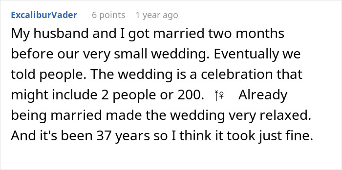 A Reddit comment from ExcaliburVader discussing a couple legally marrying before their wedding ceremony, with positive 37-year results.
