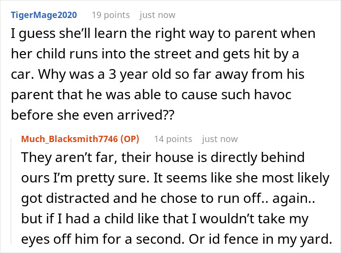 Comments discussing a 3YO toddler escaping home and running inside a neighbor&rsquo;s house, with concern about parenting.