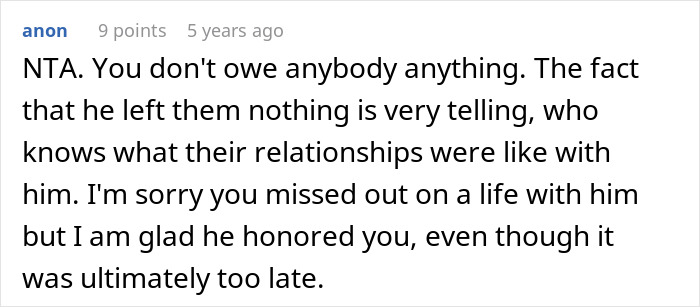 Comment defending daughter after estranged dad leaves inheritance, stepmom demands equal sharing, discussing family conflict.