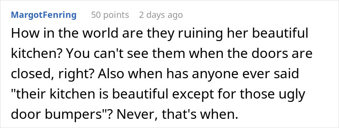 Comment discussing frustration with kitchen cabinets slamming and criticism of adding door bumpers to cabinets.