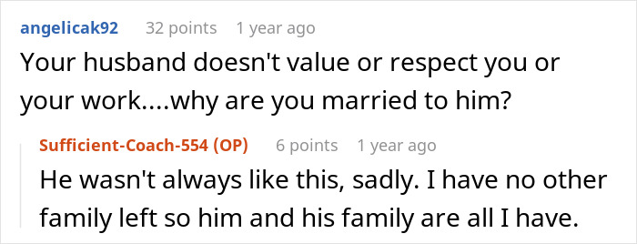 A Reddit thread discussing a woman quitting her marriage due to husband's repeated disrespect.