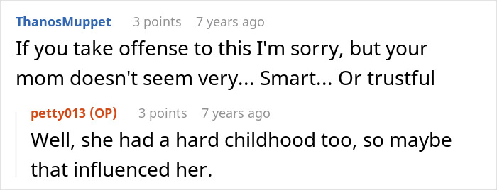 Screenshot of an online comment discussion about a mom not believing or defending her kid, leading to actions taken.