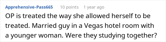 A Reddit comment about a married man sharing a hotel room with a woman, questioning the nature of their relationship.