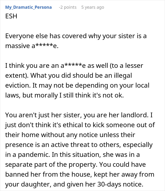 Screenshot of an online comment discussing ethical issues about a woman making her sister adopt her kid and eviction concerns.