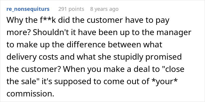 Commenter discussing customer payment and manager responsibility in handling delivery cost differences and sales commissions.
