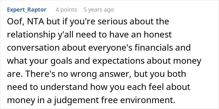 A Reddit comment from user Expert_Raptor suggesting an honest conversation about finances in a relationship.