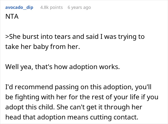 Screenshot of a Reddit comment discussing a woman wanting her baby adopted and reactions about adoption and family conflict. Screenshot of a Reddit comment discussing a woman wanting her baby adopted and reactions about adoption and family conflict.