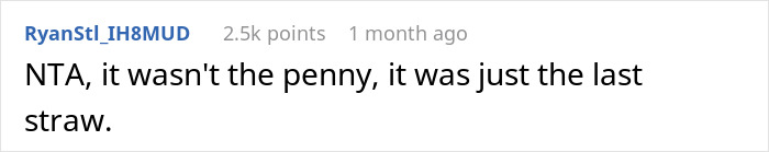 Screenshot of an online comment discussing a relationship ending over one cent, expressing a sense of liberation and finality.