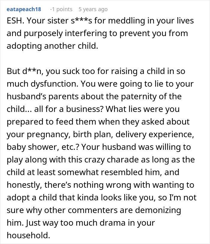 Comment discussing family drama involving a woman making her sister adopt her kid and preventing more children.