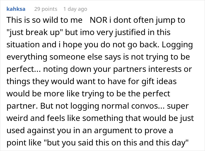 Comment discussing feeling like a science experiment after girlfriend logs every word in their home conversations.