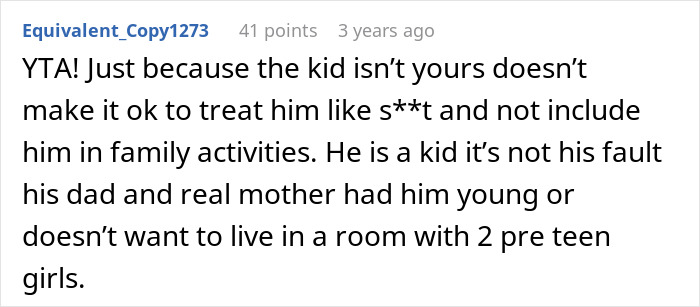 Comment about woman deciding stepson not going on family vacation due to his potential lack of enjoyment.