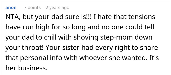 A Reddit comment supporting the teen whose dad pushed for a stepmom, saying the dad is the problem.