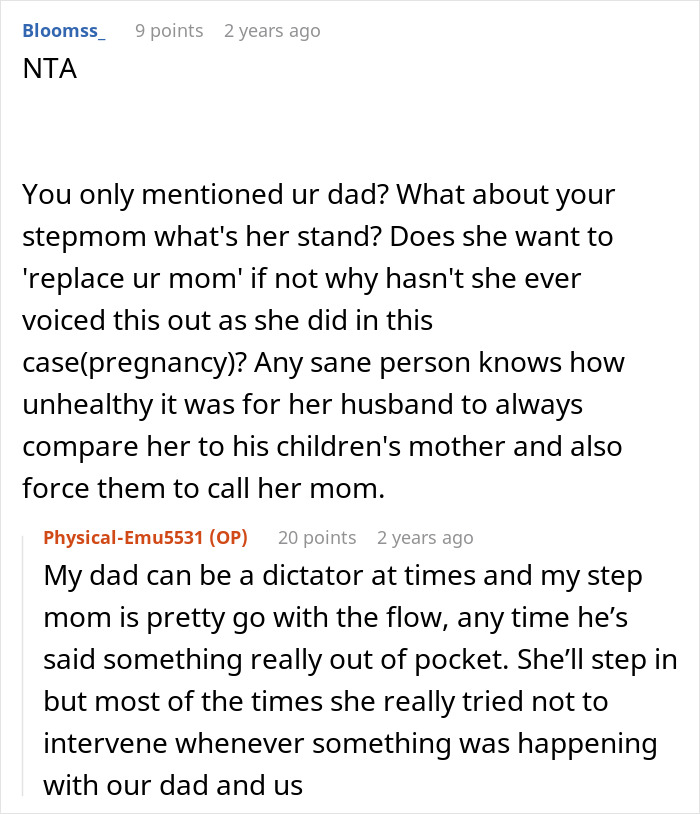 A Reddit screenshot discussing a dad pushing kids to accept a stepmom. The teen mentions the stepmom's passive role.