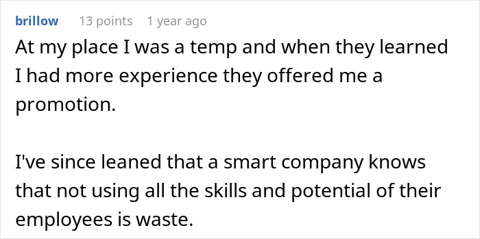 Comment discussing management reaction to a worker going the extra mile instead of receiving thanks, reflecting on employee potential.
