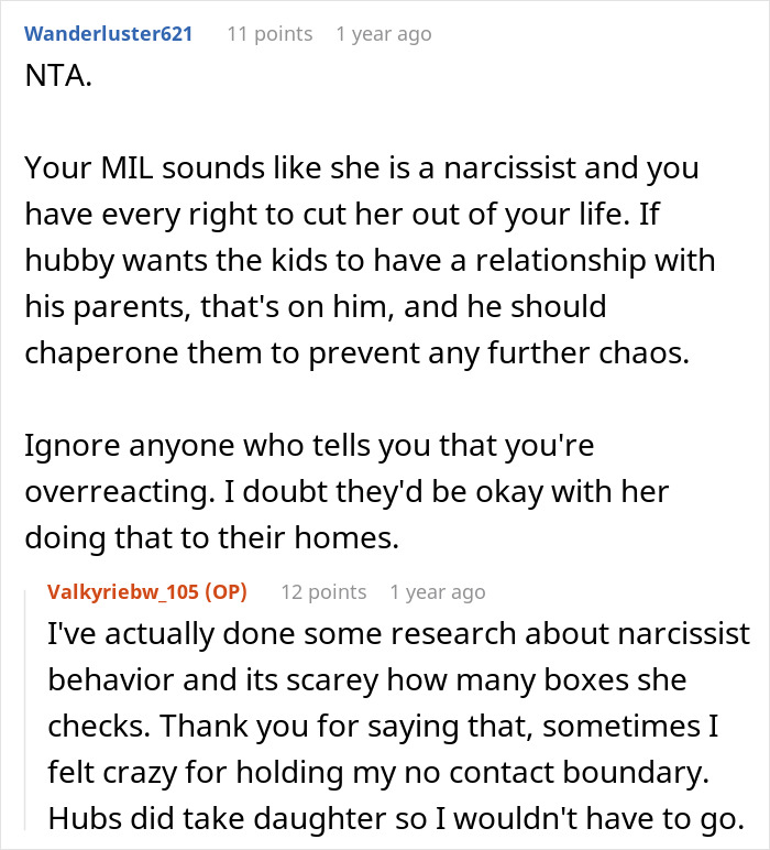 Reddit comments discuss MIL behavior, supporting an OP who came back to a different house. Narcissism and boundaries are key.