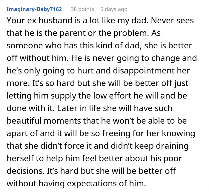 Comment discussing a teen confronting her dad after he forgot her birthday and his disappointing response. Comment discussing a teen confronting her dad after he forgot her birthday and his disappointing response.