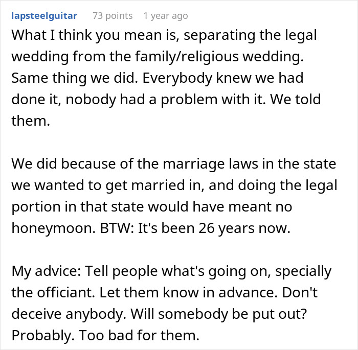A Reddit comment discusses legally marrying before the wedding ceremony, offering advice on communicating with guests and managing reactions.