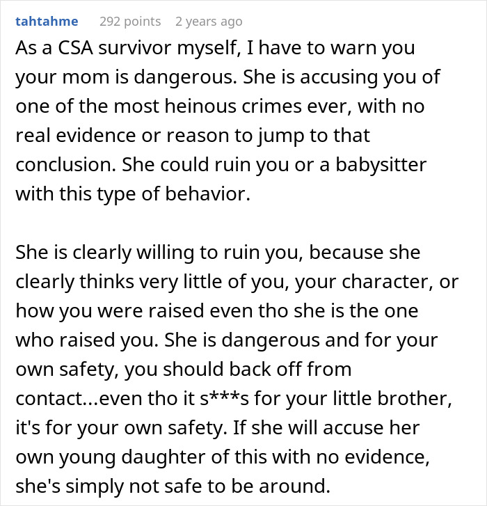 A Reddit post from a CSA survivor warning about a dangerous mom's reaction, advising safety.