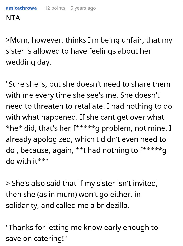 Screenshot of a Reddit comment discussing woman worried sister may sabotage wedding due to past incident and considering uninviting her.