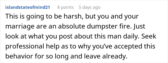A Reddit comment suggests a marriage is a dumpster fire due to a husband's behavior, possibly linked to a secret child.