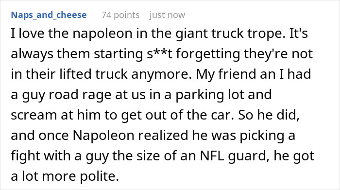 A Reddit post by Naps_and_cheese about a driver humiliated after picking a fight with a large man.