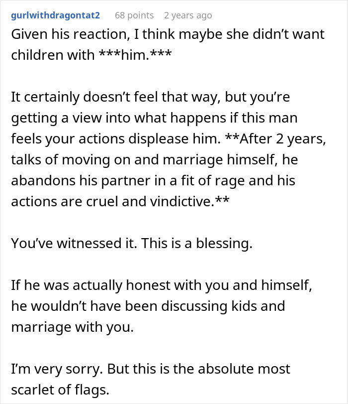 A Reddit comment about a man's cruel reaction to his ex's baby bump, highlighting relationship red flags.