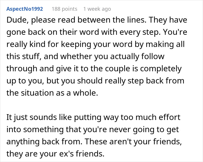 Comment discussing ex-girlfriend cheating on guy and tensions around his removal from a friend's wedding. Comment discussing ex-girlfriend cheating on guy and tensions around his removal from a friend's wedding.