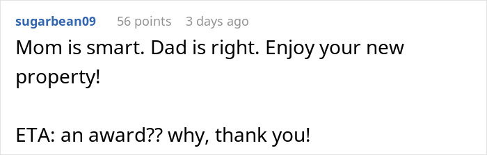 Reddit comment: "Mom is smart. Dad is right. Enjoy your new property!" A woman accepting property in her name.