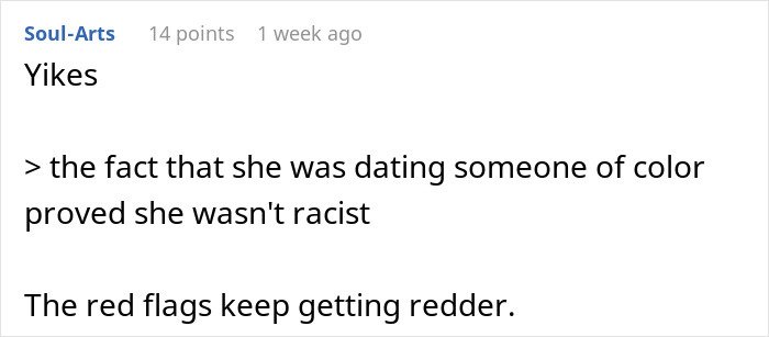 Reddit comment on a GF's racist thing and argument about dating a person of color, impacting forgiveness.