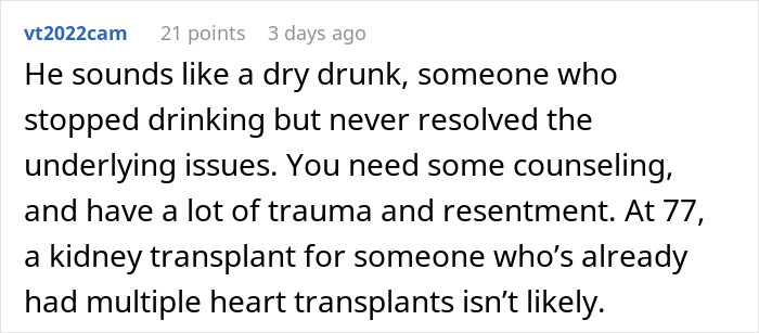 Comment discussing trauma and unlikely kidney transplant for a 77-year-old dad in a man refusing to donate kidney case.