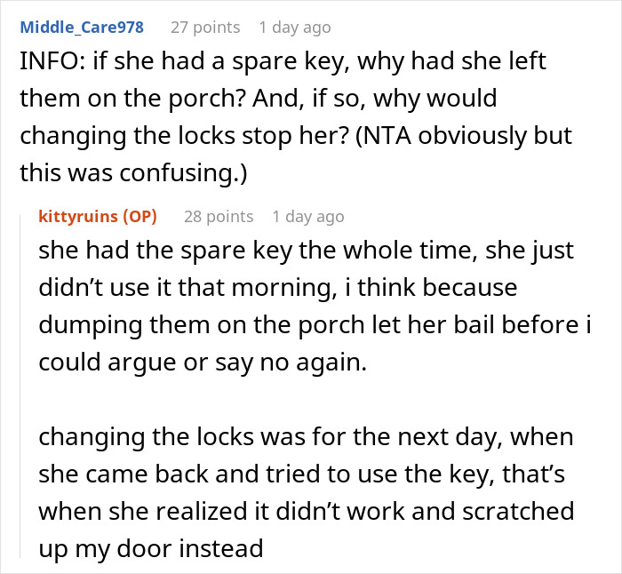 Comments discussing a man forced to change locks and threaten police after his sister abandons her kids at his house.