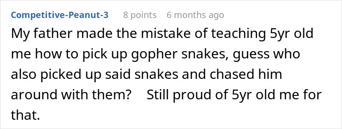 Comment text about a dad&rsquo;s experience with his 5-year-old daughter and a jump scare involving snakes.