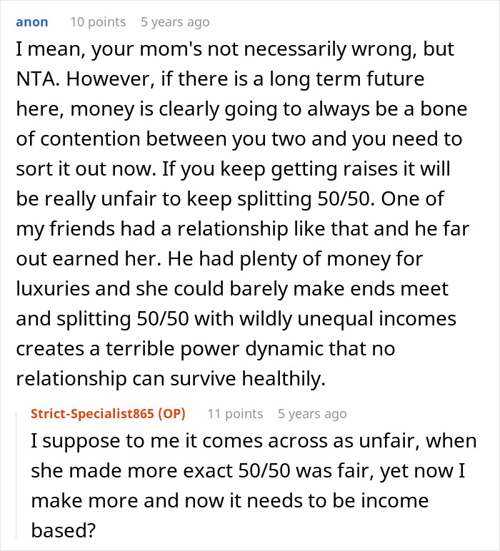 A screenshot of Reddit comments discussing a man turning the tables on his girlfriend who refused to split finances.