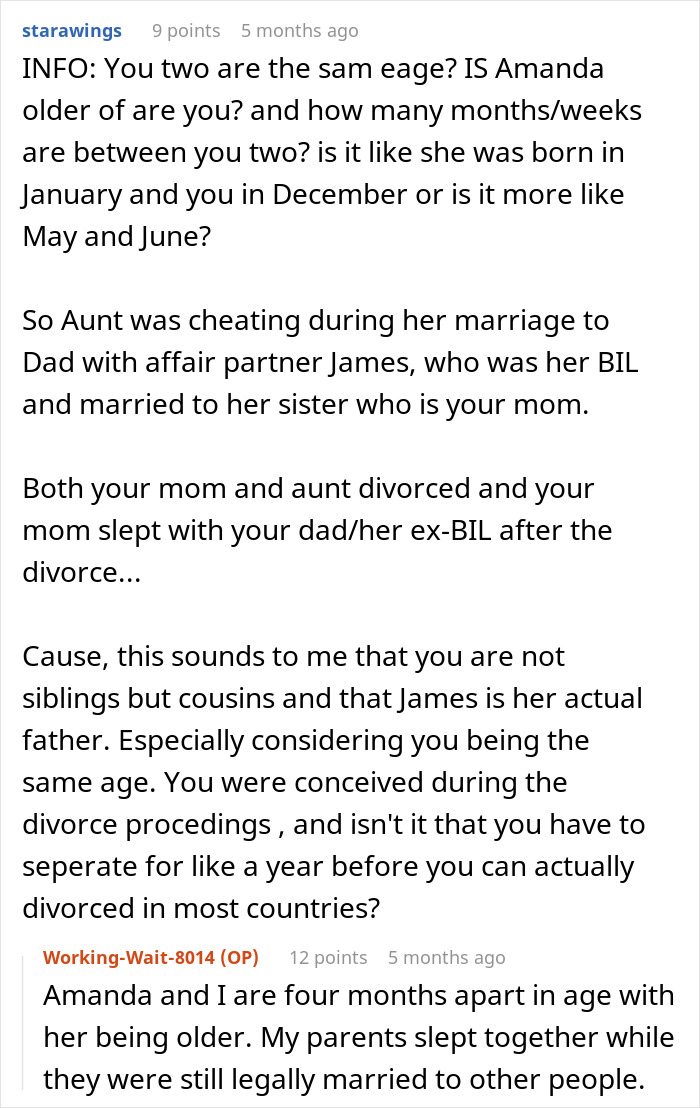 Comments discussing a confusing and wild family dynamic involving DNA tests and child support questions.
