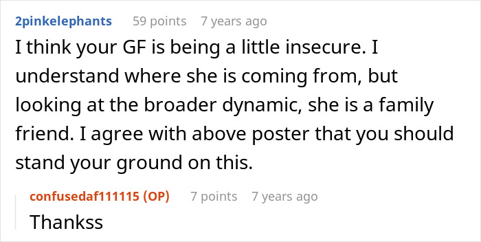 Screenshot of an online discussion where a woman breaks up with her boyfriend over his close female family friend. Screenshot of an online discussion where a woman breaks up with her boyfriend over his close female family friend.