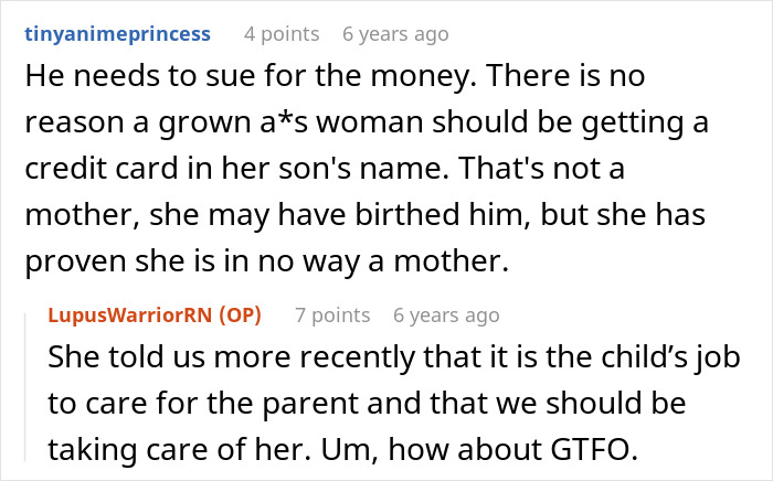 A Reddit post discusses a young family facing debt. A user comments on the man's mom taking debt in his name.