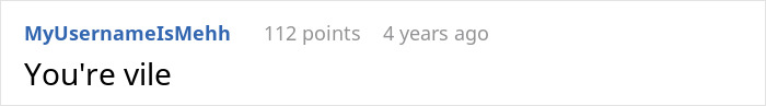 A comment reading "You're vile" from MyUsernameIsMehh, relating to a man demanding a paternity test and losing his family.