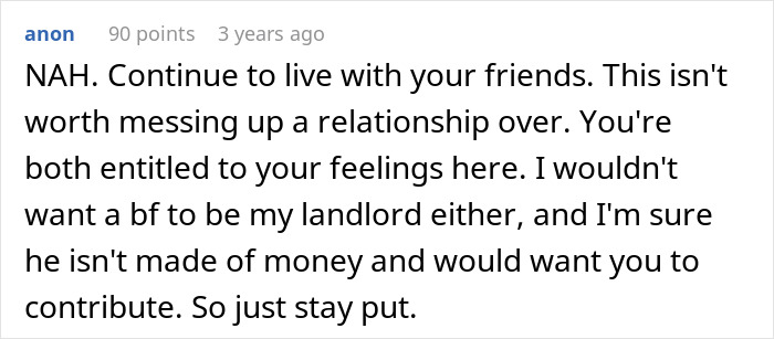 A comment supports the woman refusing to split the BF's mortgage 50/50 without being on the deed.