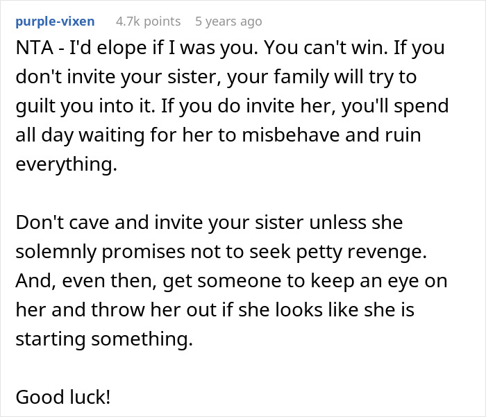 Text discussing a woman worried her sister will sabotage her wedding due to a past incident and considers uninviting her.